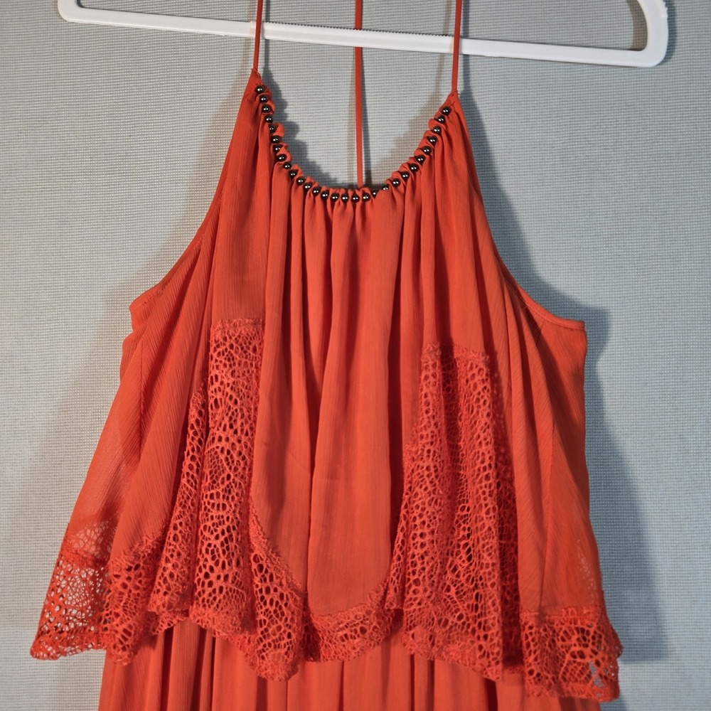 Bisou Bisou Michele Bohbot Women's 8 Coral Halter Maxi Dress Beaded Neck Crochet